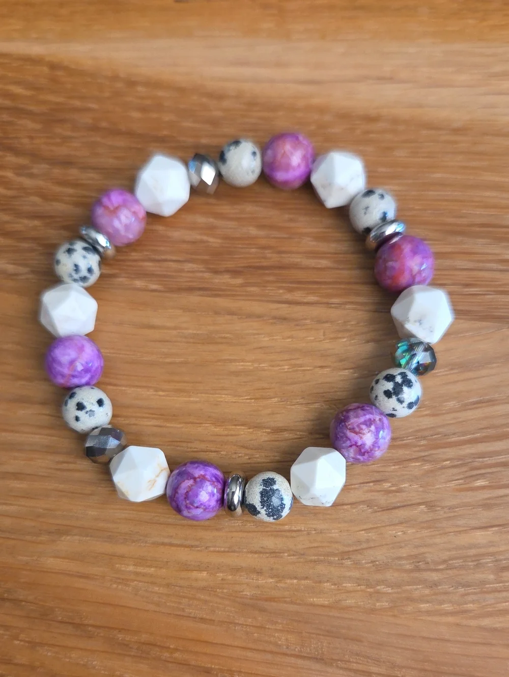 Stretch Bracelet | Pink Crazy Lace Calcite, White Turquoise & Dalmatian Jasper